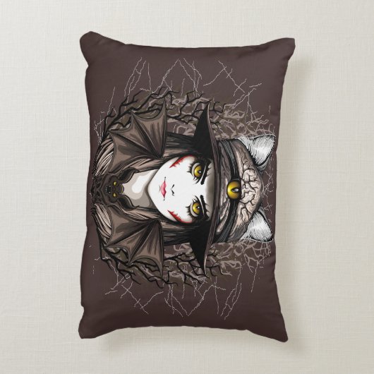 ウィッチキャットハロウィン不気味なかわいいポートレート アクセントクッション (裏面(縦))