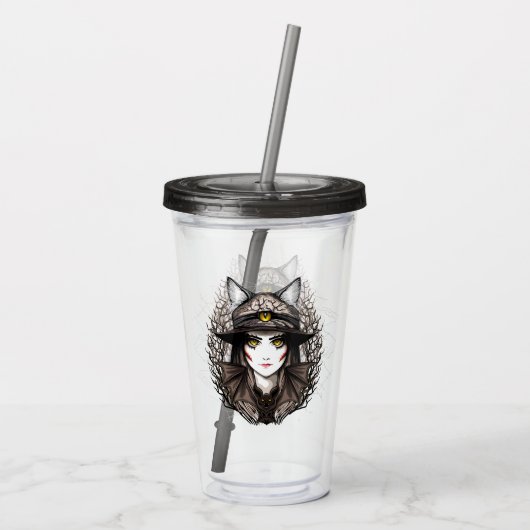 ウィッチキャットハロウィン不気味なかわいいポートレート アクリルタンブラー (裏面)