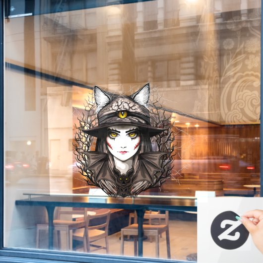 ウィッチキャットハロウィン不気味なかわいいポートレート ウィンドウサイン (カフェ窓)