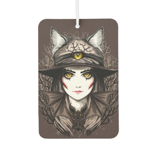 ウィッチキャットハロウィン不気味なかわいいポートレート カーエアーフレッシュナー (正面)