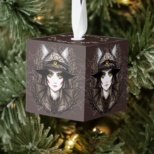 ウィッチキャットハロウィン不気味なかわいいポートレート キューブオーナメント (ツリー)