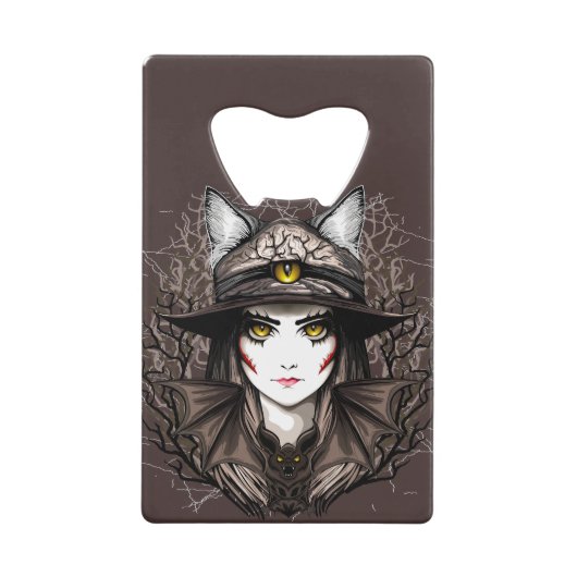 ウィッチキャットハロウィン不気味なかわいいポートレート クレジットカード栓抜き (正面)