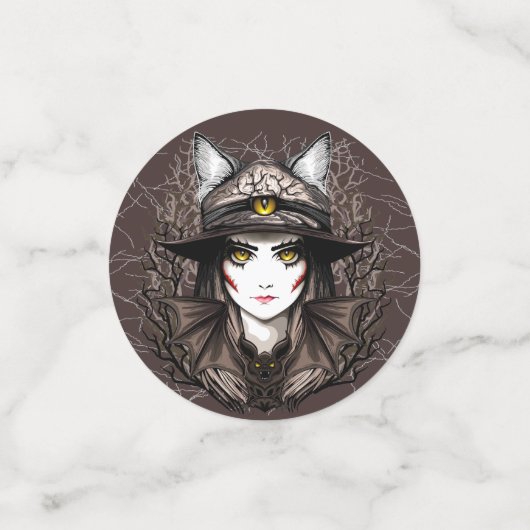ウィッチキャットハロウィン不気味なかわいいポートレート コンフェッティ (スモール正面)