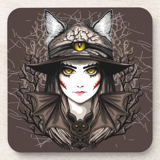 ウィッチキャットハロウィン不気味なかわいいポートレート コースター (正面)