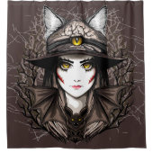 ウィッチキャットハロウィン不気味なかわいいポートレート シャワーカーテン (正面)