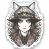 ウィッチキャットハロウィン不気味なかわいいポートレート シール (正面)