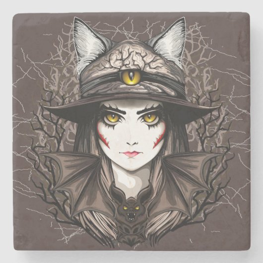 ウィッチキャットハロウィン不気味なかわいいポートレート ストーンコースター (正面)