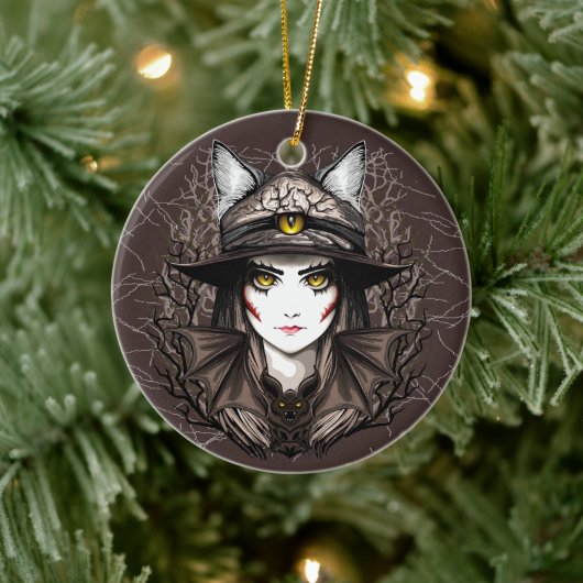 ウィッチキャットハロウィン不気味なかわいいポートレート セラミックオーナメント (ツリー)