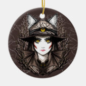 ウィッチキャットハロウィン不気味なかわいいポートレート セラミックオーナメント (正面)