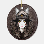 ウィッチキャットハロウィン不気味なかわいいポートレート セラミックオーナメント (左)