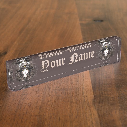 ウィッチキャットハロウィン不気味なかわいいポートレート デスクネームプレート (側面)