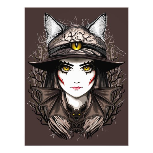 ウィッチキャットハロウィン不気味なかわいいポートレート フォトプリント            (正面)