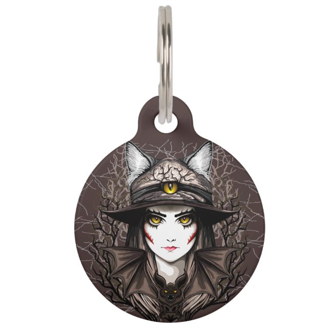 ウィッチキャットハロウィン不気味なかわいいポートレート ペット　ネームタグ (正面)