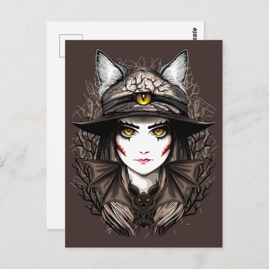 ウィッチキャットハロウィン不気味なかわいいポートレート ポストカード (正面/裏面)