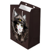 ウィッチキャットハロウィン不気味なかわいいポートレート ミディアムペーパーバッグ (裏面アングル)