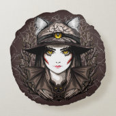 ウィッチキャットハロウィン不気味なかわいいポートレート ラウンドクッション (裏面)