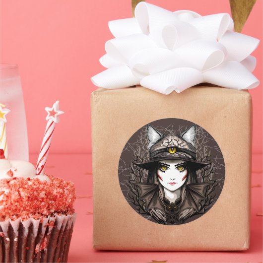 ウィッチキャットハロウィン不気味なかわいいポートレート ラウンドシール (パーティー)