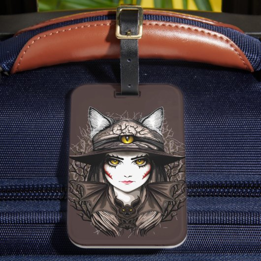 ウィッチキャットハロウィン不気味なかわいいポートレート ラゲッジタグ (正面インサイチュ2)