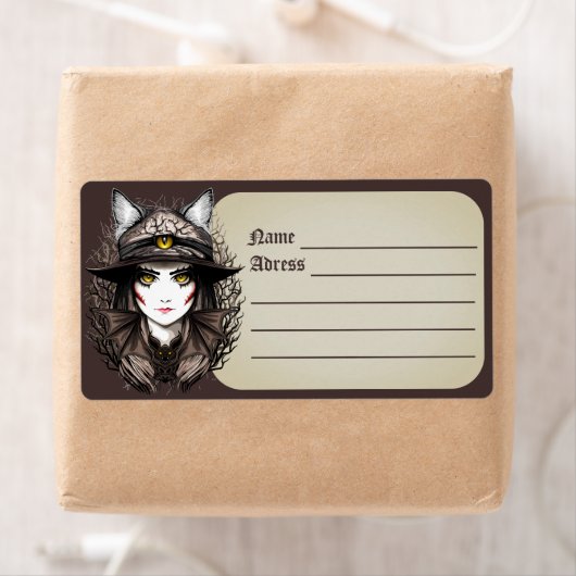 ウィッチキャットハロウィン不気味なかわいいポートレート ラベル (インサイチュ)