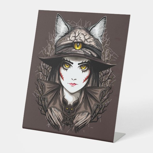 ウィッチキャットハロウィン不気味なかわいいポートレート 台座サイン (正面)