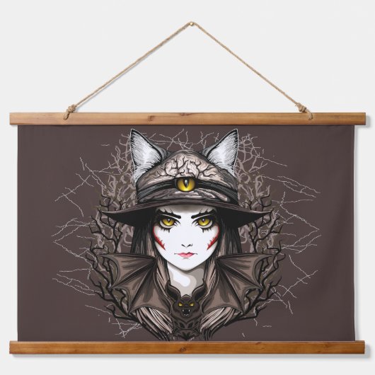 ウィッチキャットハロウィン不気味なかわいいポートレート 吊り下げ型タペストリー (正面)