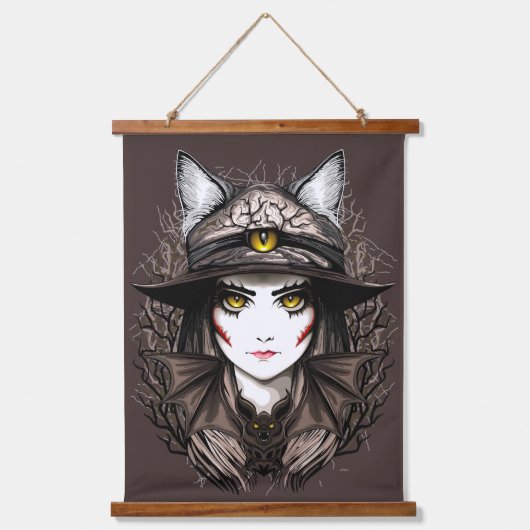 ウィッチキャットハロウィン不気味なかわいいポートレート 吊り下げ型タペストリー (正面)
