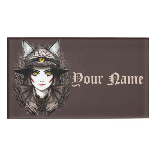 ウィッチキャットハロウィン不気味なかわいいポートレート 名札 (正面)