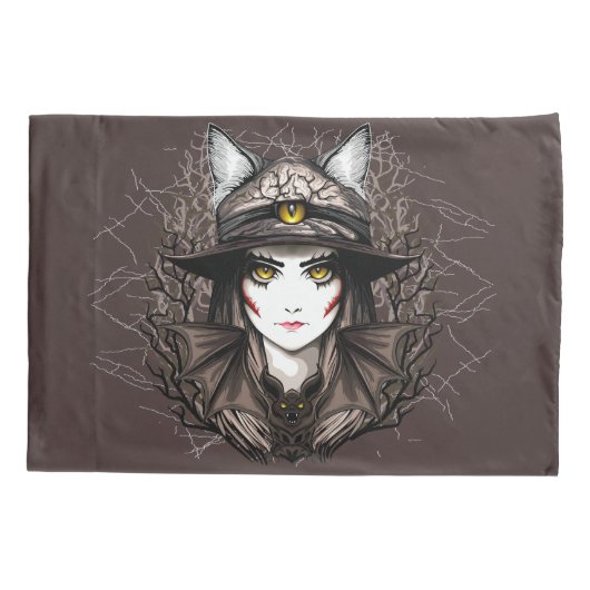 ウィッチキャットハロウィン不気味なかわいいポートレート 枕カバー (裏面)