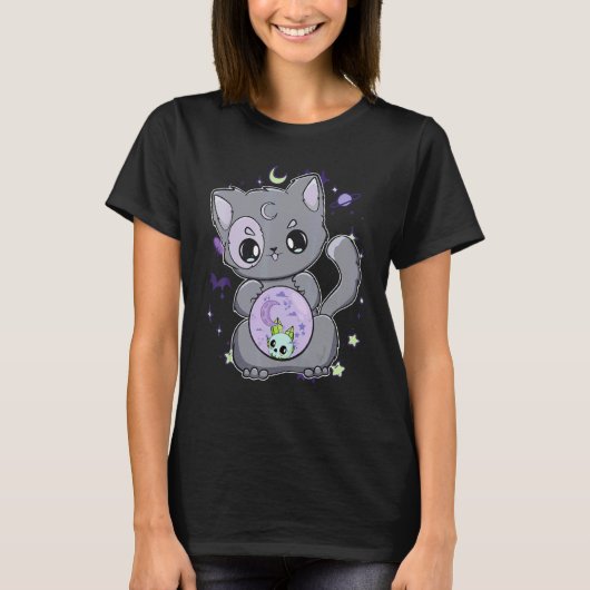 ウィッチコア ウィッチ アカデミアのためのガラス玉を持つ黒猫 Tシャツ (正面)