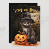 ウィッチズキャットアンドパンプキンハローウィンパーティ招待状 招待状 (正面/裏面)