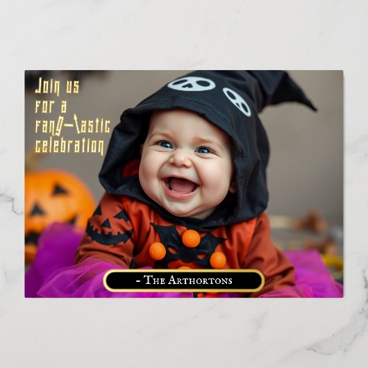 ウィッチドレスに可愛いハロウィーンベビー 箔招待状 (正面)