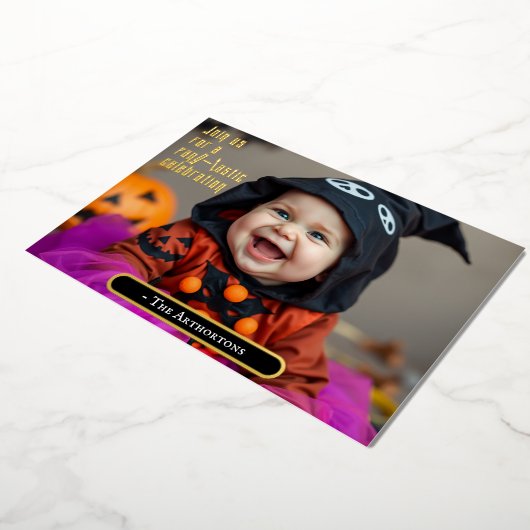 ウィッチドレスに可愛いハロウィーンベビー 箔招待状 (回転した状態)