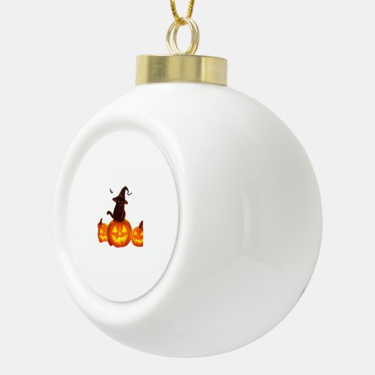 ウィッチハットとこうもり&カボチャの可愛い黒猫 – H セラミックボールオーナメント (右)