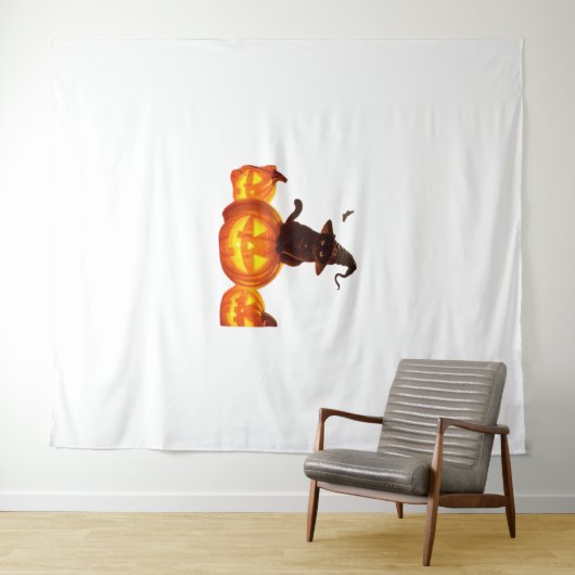 ウィッチハットとこうもり&カボチャの可愛い黒猫 – H タペストリー (インサイチュ(横))