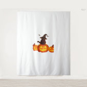 ウィッチハットとこうもり&カボチャの可愛い黒猫 – H タペストリー (正面)