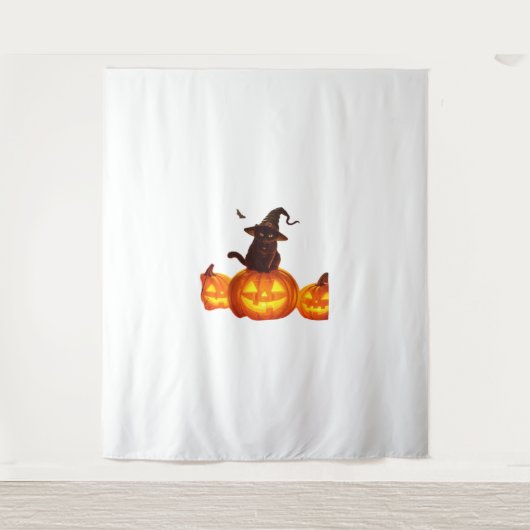 ウィッチハットとこうもり&カボチャの可愛い黒猫 – H タペストリー (正面)