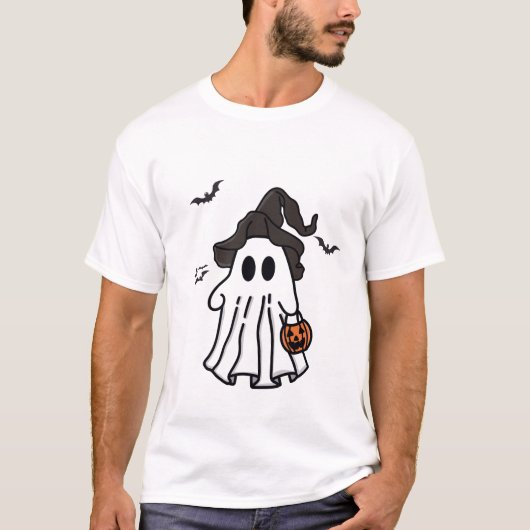 ウィッチハットとカボチャの可愛いハロウィン幽霊 Tシャツ (正面)