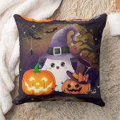 ウィッチハットとカボチャの可愛いハロウィーン幽霊 クッション (ブランケット)