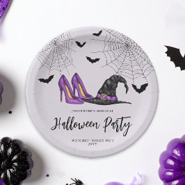 ウィッチハットとヒール付きこうもりハローウィンパーティ ペーパープレート
