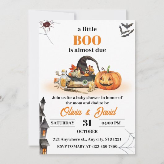 ウィッチハットと家幽霊のよく出る、ハロウィーン赤ちゃんシャワー 招待状 (正面)