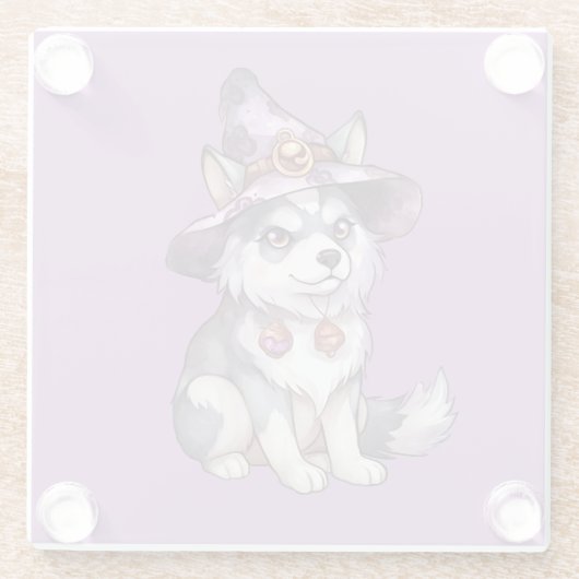 ウィッチハットに可愛いシベリアのハスキー犬 ガラスコースター (裏面)