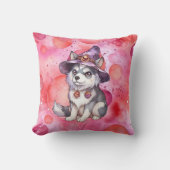 ウィッチハットに可愛いシベリアのハスキー犬 クッション (正面)