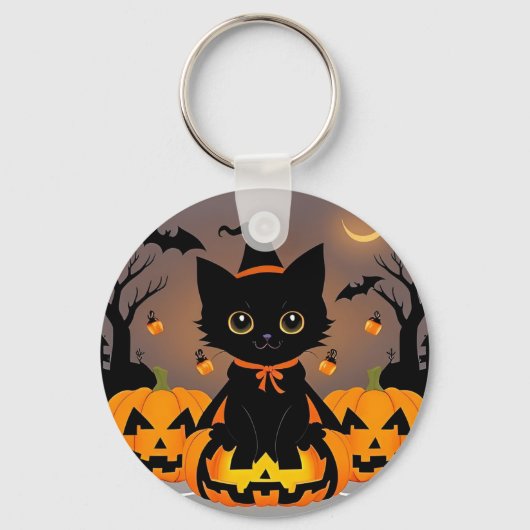 ウィッチハットに可愛らしい黒い子猫 キーホルダー (正面)