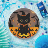ウィッチハットに可愛らしい黒い子猫 ペーパープレート (パーティー)