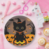 ウィッチハットに可愛らしい黒い子猫 ペーパープレート (パーティー)