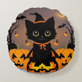 ウィッチハットに可愛らしい黒い子猫 ラウンドクッション