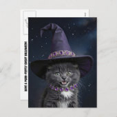 ウィッチハットハロウィンのかわいいグレーの子猫 シーズンポストカード (正面/裏面)