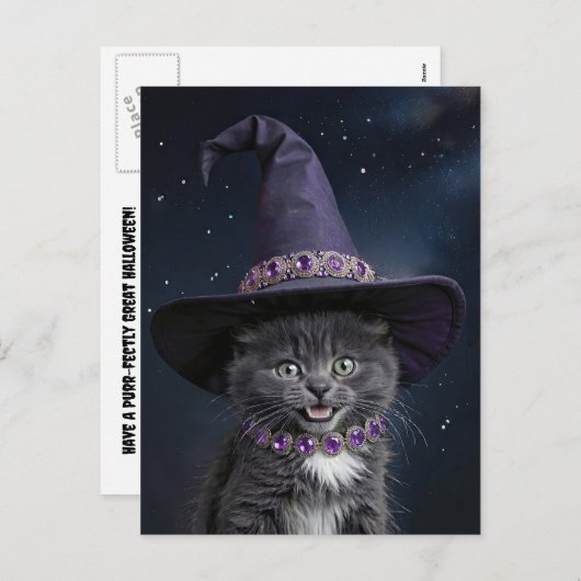 ウィッチハットハロウィンのかわいいグレーの子猫 シーズンポストカード (正面/裏面)
