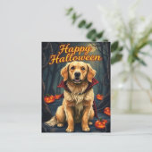 ウィッチハットハロウィーンかわいい犬のゴールデンレトリバー ポストカード (スタンド正面)