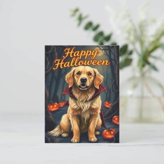 ウィッチハットハロウィーンかわいい犬のゴールデンレトリバー ポストカード (スタンド正面)